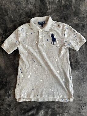 Polo by Ralph Lauren Gray Polo with Blue & White Paint Splatter boys Small
